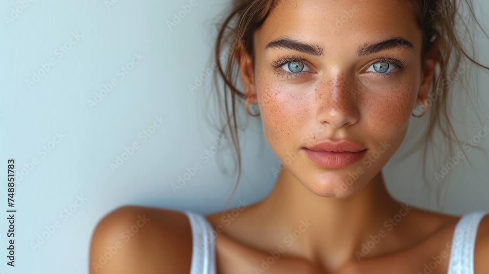 Fototapeta premium A close-up of a woman's face with freckles., The beauty of a young lady with blue eyes and red lips., A portrait of a girl with her hair in a messy bun.,