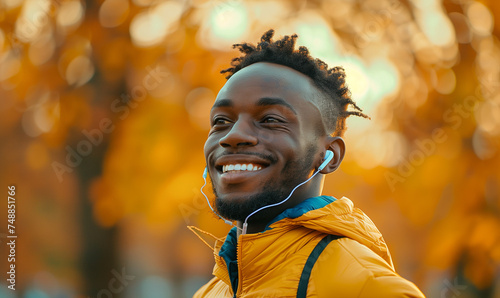 Happy black man jogging in the park while listening to music through his earphones. Candid male running for improved mental health and fitness. Autumn colours. AI generated