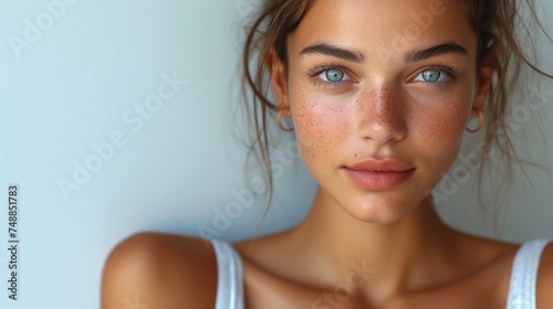 A close-up of a woman's face with freckles., The beauty of a young lady with blue eyes and red lips., A portrait of a girl with her hair in a messy bun., © Albert