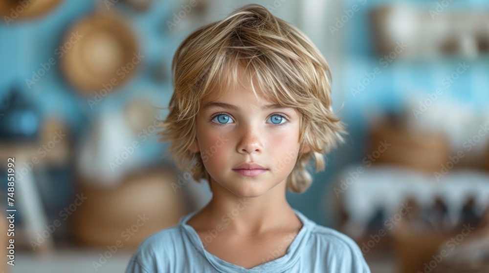 A young boy with blue eyes and blonde hair., The little boy is wearing a gray shirt., He is standing in front of a wall filled with various objects, including hats and bowls., A young boy with blue eyes and blonde hair., The little boy is wearing a gray shirt., He is standing in front of a wall filled with various objects, including hats and bowls.,