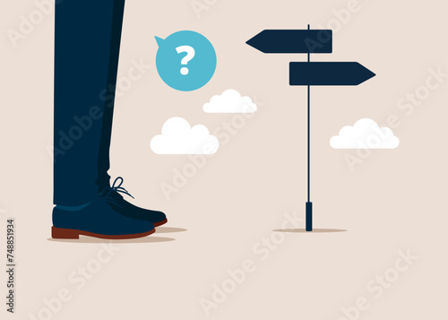 Businessman choosing choose between 2 direction, make decision to the left or right. Flat vector illustration.