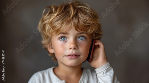 A Little Boy with Blue Eyes, The Cute Phone Call, Childhood Moments Captured, Little Boy Talking on a Cell Phone.