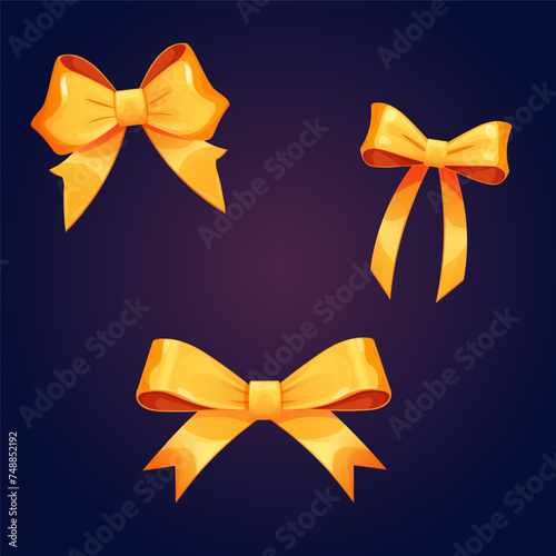 Volumetric yellow bows. Bow with long ribbon. Ribbon bow. Bows for a gift certificate