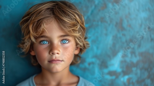 A young boy with blue eyes., The curious gaze of a child., A close-up of a little boy's face., The innocence and beauty of a young boy.. photo