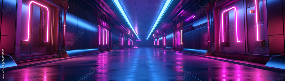 3D render of an alien exploration in a neon infused corridor showcasing smooth animation and vibrant colors