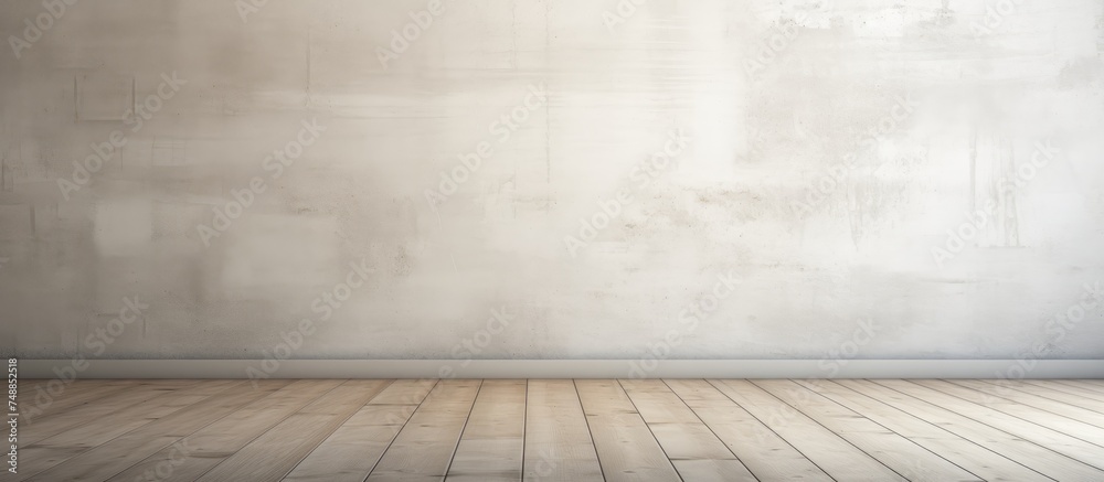 The room is characterized by its white cement wall and old wooden floor, creating a minimalist and spacious environment. The room is characterized by its white cement wall and old wooden floor, creating a minimalist and spacious environment.