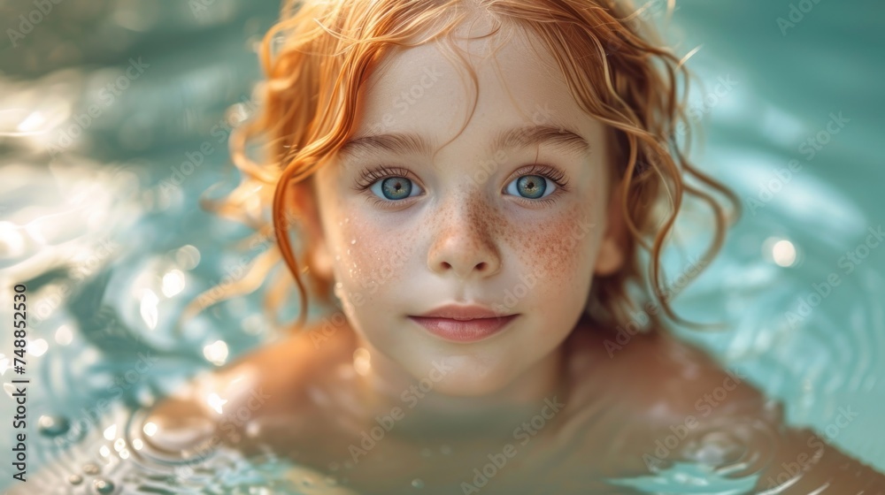 A Smiling Little Girl in the Water, The Joyful Face of a Young Child Swimming, Splashing Fun with a Happy Little Girl, Bubbly Bliss: A Little Girl Enjoying Her Time in the Pool.