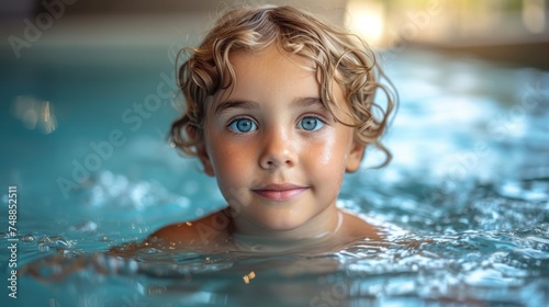 A Little Girl Smiling in the Swimming Pool, Swimming Pool Fun with a Cute Child, The Joy of Swimming: Young Girl Posing in Pool, Splashing Around: A Happy Toddler in the Water.