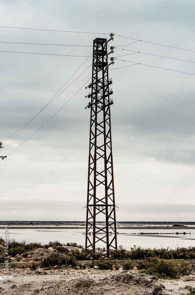 Paysage industriel (pylône) au cœur de la Camargue dans une exploitation de marais salants