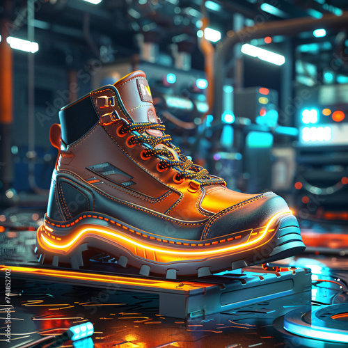 Craft a 3D scene showcasing safety shoes designed for global industrial workers focusing on ergonomic features illuminated by balanced ambient lighting photo