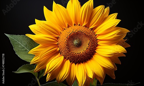 Large Sunflower With Green Leaves on Black Background