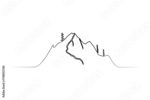Continuous one-line mountain art . and outline nature landscape view single-line vector illustration.