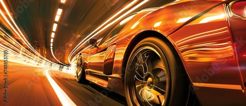 A sleek sports car in a dynamic motion blur races through an urban tunnel with glowing orange lights reflecting on the asphalt