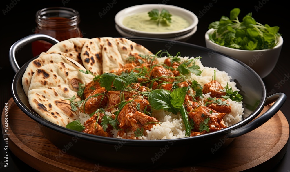 Pan of Rice and Meat With Bowl of Sauce Pan of Rice and Meat With Bowl of Sauce