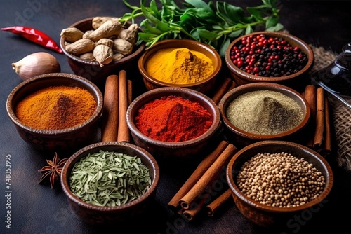 Different types of spices  plenty colorful powders and seeds to improve flavor of food