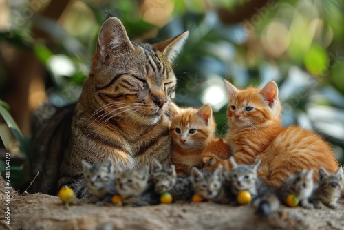 A tender scene of a mother cat surrounded by her playful litter of kittens on a warm sunny afternoon