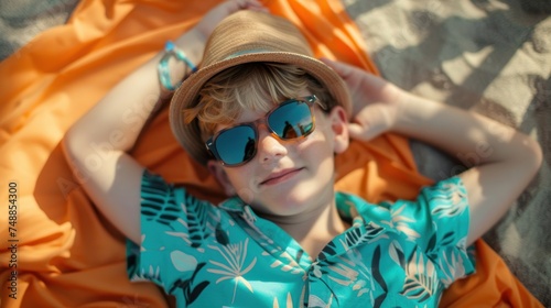 Relatable realistic photo of a happy 13-year-old boy in tourist clothing laying in the sun, with sunglasses on. Very light background,