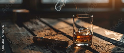 A glass with whiskey and a cigar next to it on a beautiful wooden table with a beautiful background with space for inscriptions or text © Seksan