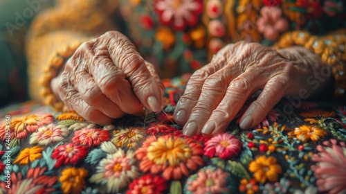 Imparting traditions. Scaled up view on hands of a senior lady sitting next to her grandchild holding a needle and embroidering a very beautiful blossoming.