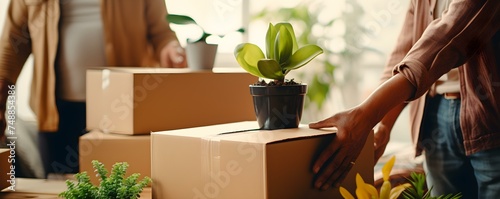 Elderly couple unpacking moving boxes in new home with plants. Concept Moving to a New Home, Unpacking Boxes, Elderly Couple, Indoor Plants, New Beginnings photo