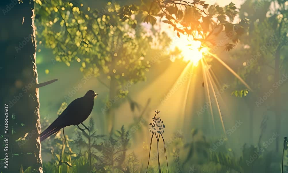The silhouette of a bird against the morning sun in a forest. The concept of nature's peace.