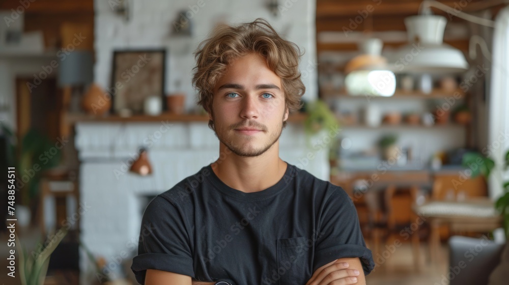 A young man posing in a kitchen., The boy with blue eyes and a black shirt., A guy standing in front of a fireplace., A teenager leaning against the wall.. A young man posing in a kitchen., The boy with blue eyes and a black shirt., A guy standing in front of a fireplace., A teenager leaning against the wall..