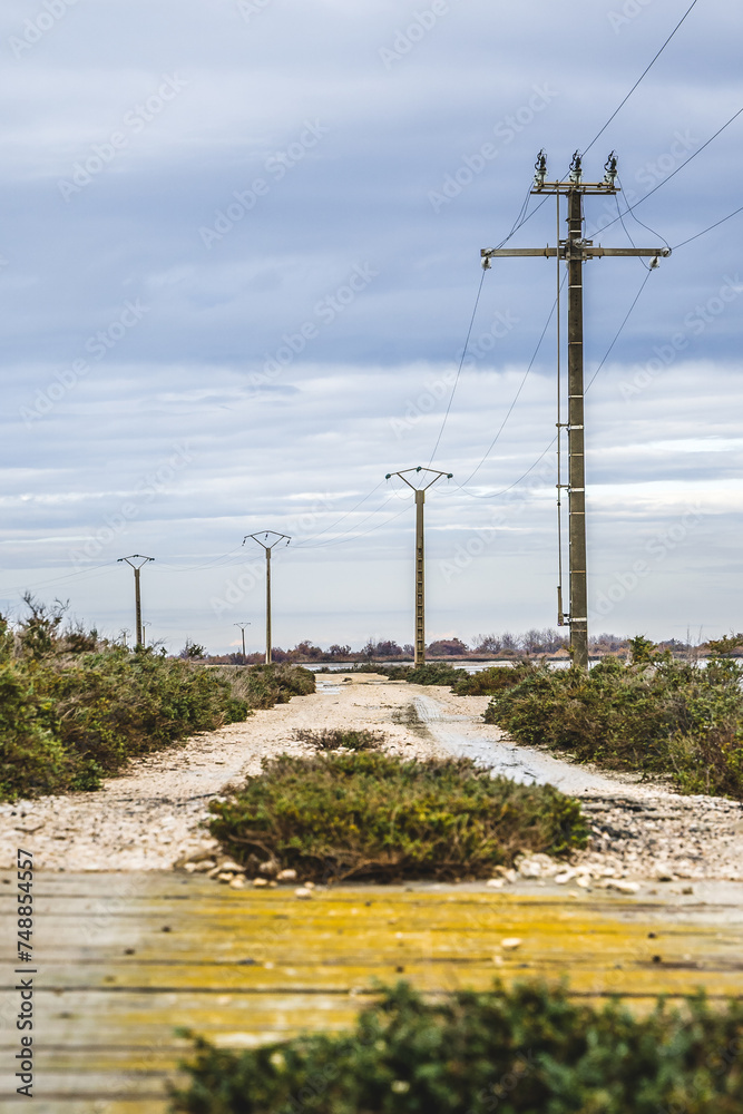 Chemin dans une exploitation de sel en Camargue avec des pylônes électriques
