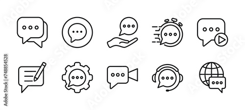 Chat speech bubble thin line icon set. Containing fast response, comment quote, support and service center, voice message, global communication, sound recording. Vector illustration