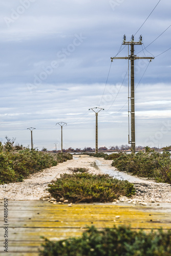 Obraz na płótnie Chemin dans une exploitation de sel en Camargue avec des pylônes électriques w salonie