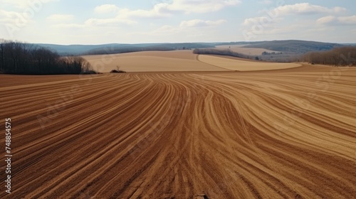 Breathtaking aerial view of expansive spring field ready for tractor cultivation
