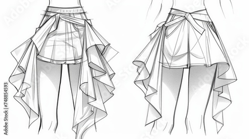 mini shorts skirt fashion drawing, bird eye detail skirt, front and back view, skirt cad, skirt template.