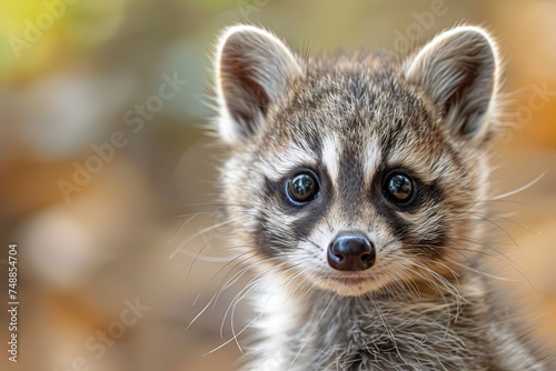 Endearing close-up shot capturing the intricate details of a baby raccoon’s furry face and inquisitive eyes