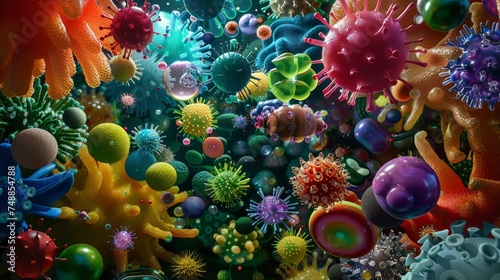 A diverse array of vibrant  3D-rendered microbes and viruses float in a microscopic world  illustrating the complexity of microbiology
