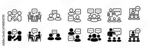 Communication icon set. Containing Discussion, meeting, chat speech bubble, learning, dialogue, online course, comment, conversation, media social message, forum. Vector illustration