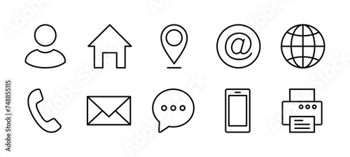 Business card contact information thin line icon set. Containing name, address, location, mail, website, telephone, cell phone, fax for app and website. Vector illustration
