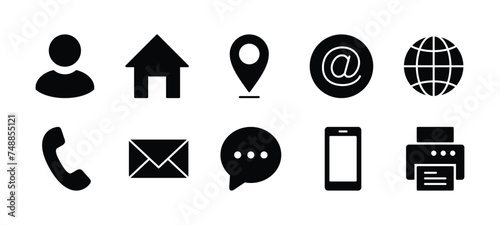 Business card contact information icon set. Containing name, address, location, mail, website, telephone, cell phone, fax for app and website. Vector illustration photo