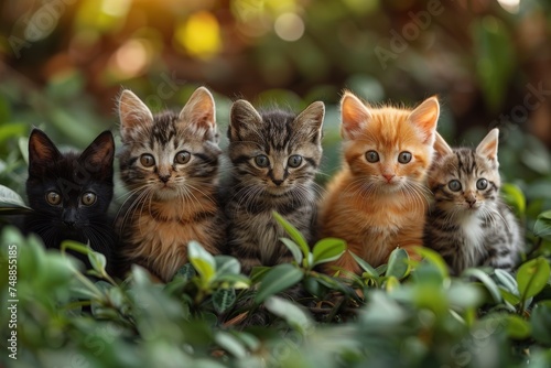 This image features a charming lineup of five kittens with distinct fur patterns, nestled among the leaves and gazing curiously forward © svastix