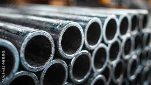 Stack of steel pipes in a metallurgical plant, factory or workshop. Heavy industry and iron materials,generative ai