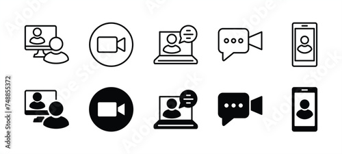 Video call thin line icon set. Containing conference, chat message, online, mobile, and video camera for communication. Vector illustration