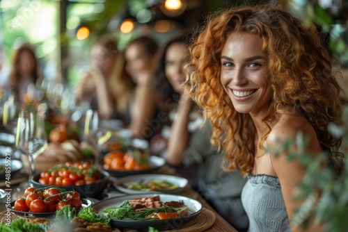 Radiant redhead woman enjoying a social dining event with friends in the background