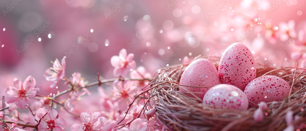 A festive and soft-focused image featuring a nest with pink speckled Easter eggs amidst delicate pink blossoms A festive and soft-focused image featuring a nest with pink speckled Easter eggs amidst delicate pink blossoms