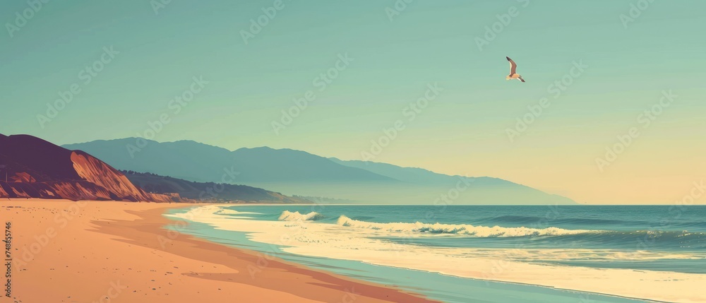 Serene beach scene with distant mountains and a flying seagull