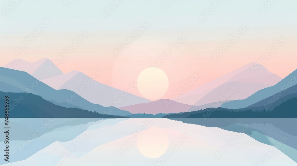 Serene sunrise over tranquil lake with mountain silhouette