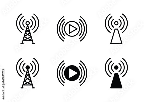 Antenna tower icon set. Wireless radio signal tower containing broadcast, communication, transmitter, station, network receiver. Vector illustration