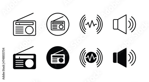 Radio icon set. Electronic devices icons. Containing speaker, sound wave, and radio button. Vector illustration photo