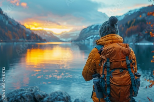A solitary traveler looks on at a spectacular sunset complementing the snow-clad mountains and serene lake