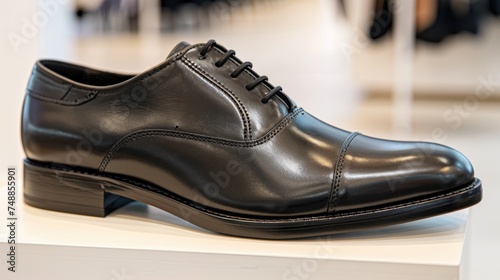 photograph of a men's oxford black leather dress shoe on display in a department store 