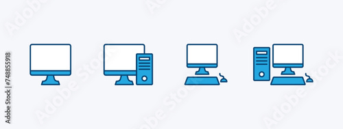 Set of computer device icon. Containing PC, monitor, CPU, keyboard, mouse, desktop. Vector illustration