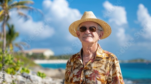 photograph of Federal reserve chairman, Jerome Powell, dressed in a tropical shirt and wearing a straw hat and sunglasses,
