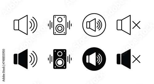 Audio speaker thin line icon set. Containing volume, sound, mute, unmute, loud, loudspeaker, and music button for app and website. Vector illustration photo